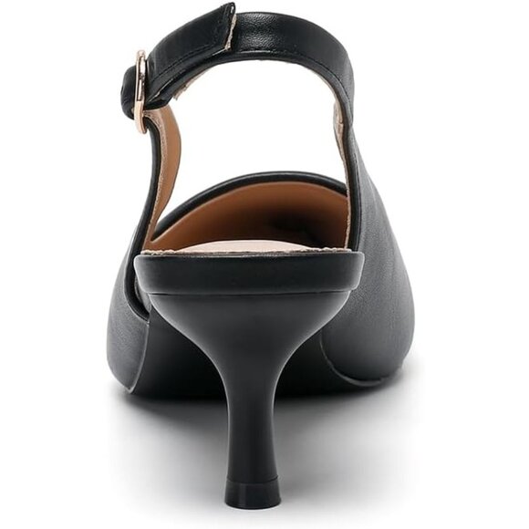 Amoji Women's Black-pu Low Kitten Heel Slingback Pump Pointed Toe Heeled Sandals - Picture 3 of 6